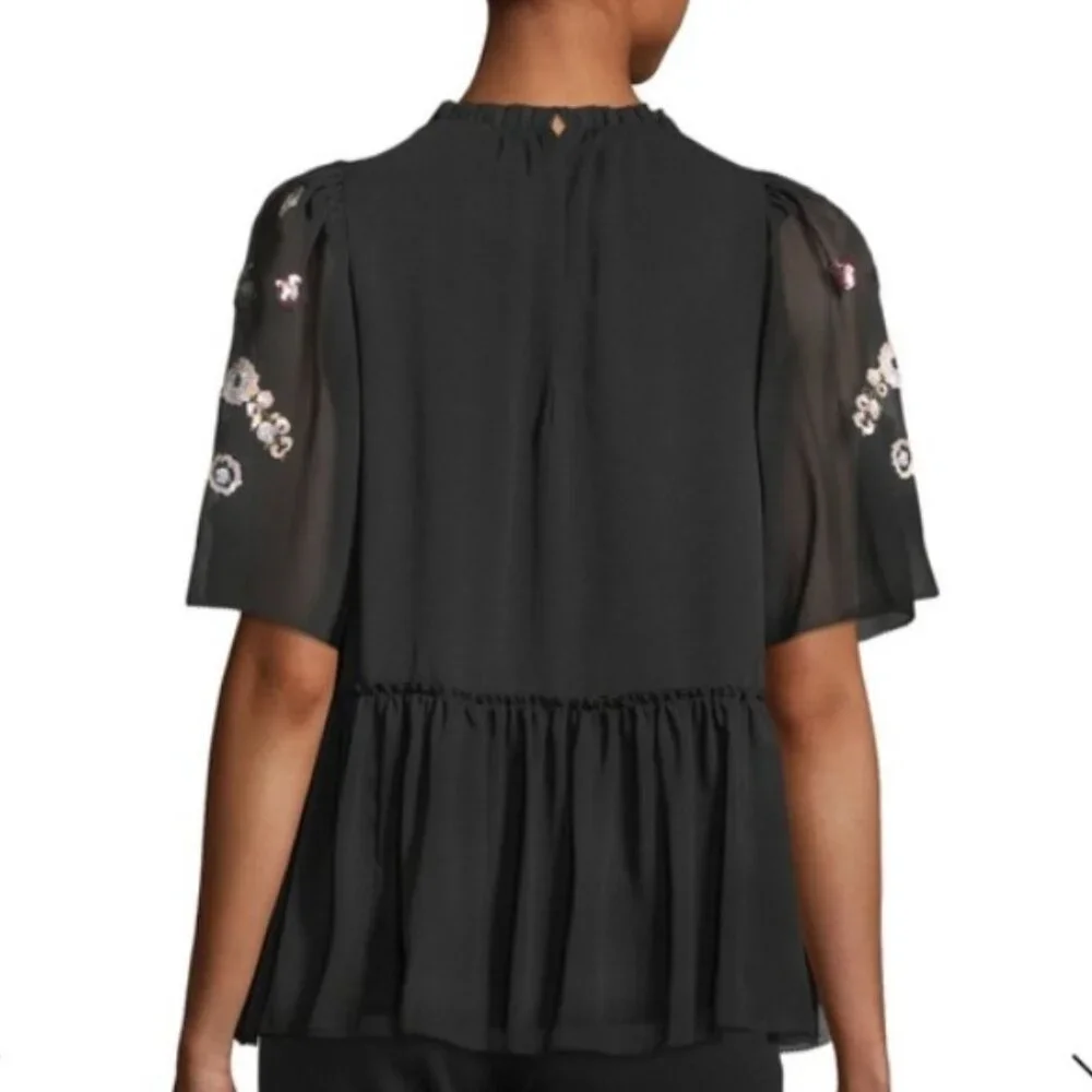 Kate Spade X Madison Avenue Top Womens XXS Black Sequin‎ Floral Blouse